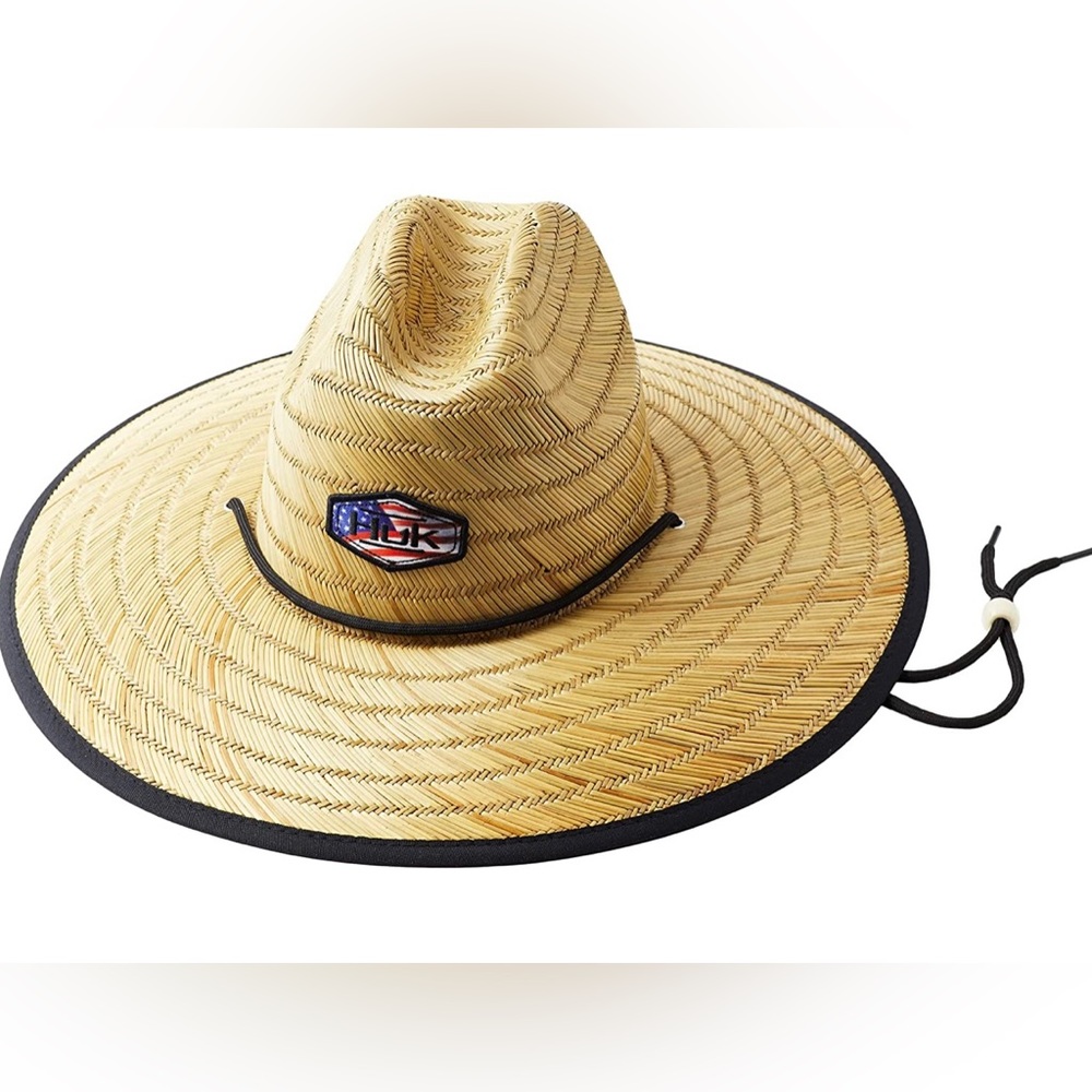 HUK Unisex Americana Patch Straw Wide Brim Fishing Hat + Sun Protection
